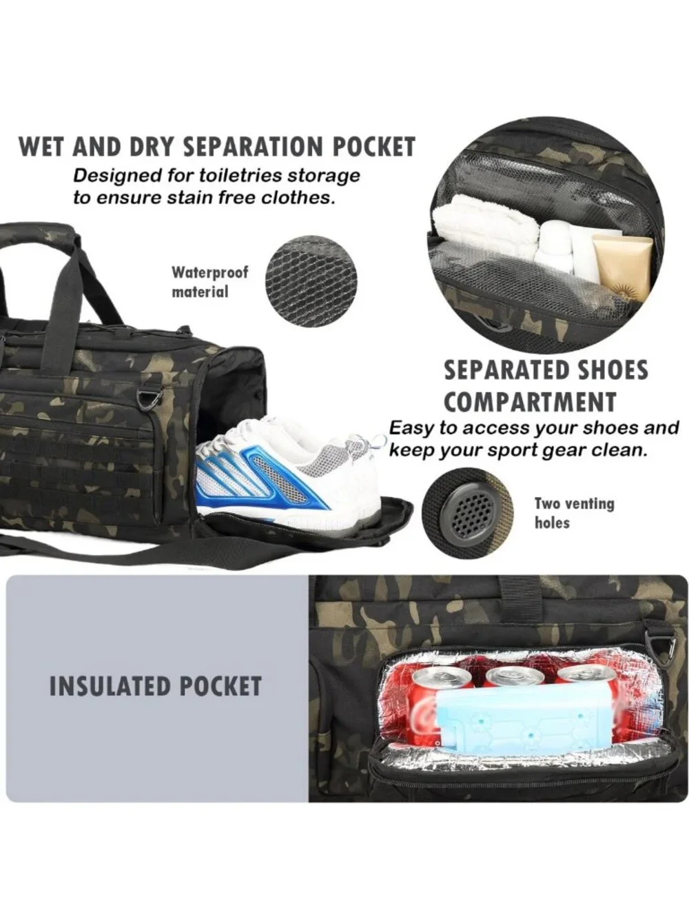 Extra Large 50L Gym Duffle Bag for Travel, Workout & Overnight - Shoe & Laptop